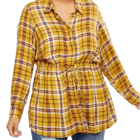 Lane Bryant Women's Top Size 18/20 Plaid Mustard Color Drawstring Waist Collared - Picture 1 of 12